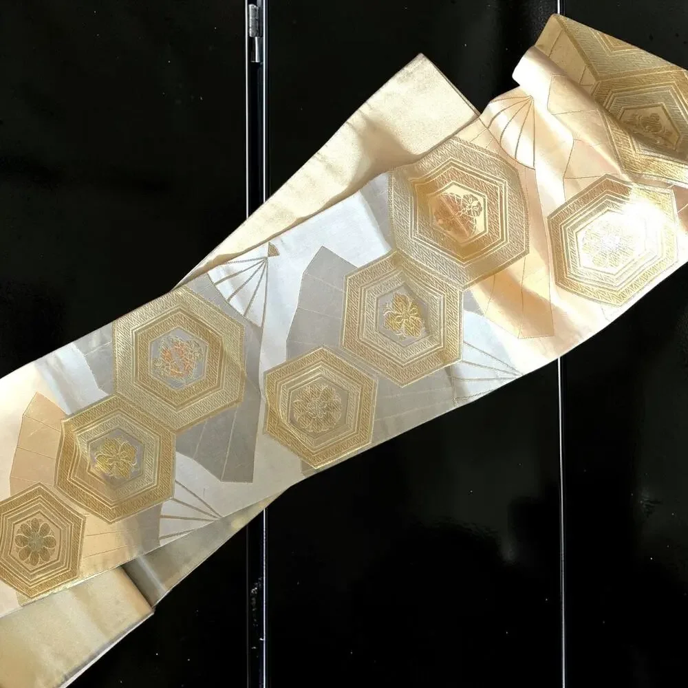 Vintage Japanese Fukuro Obi Silk Gold Silver Brocade Kikko Hexagon 158